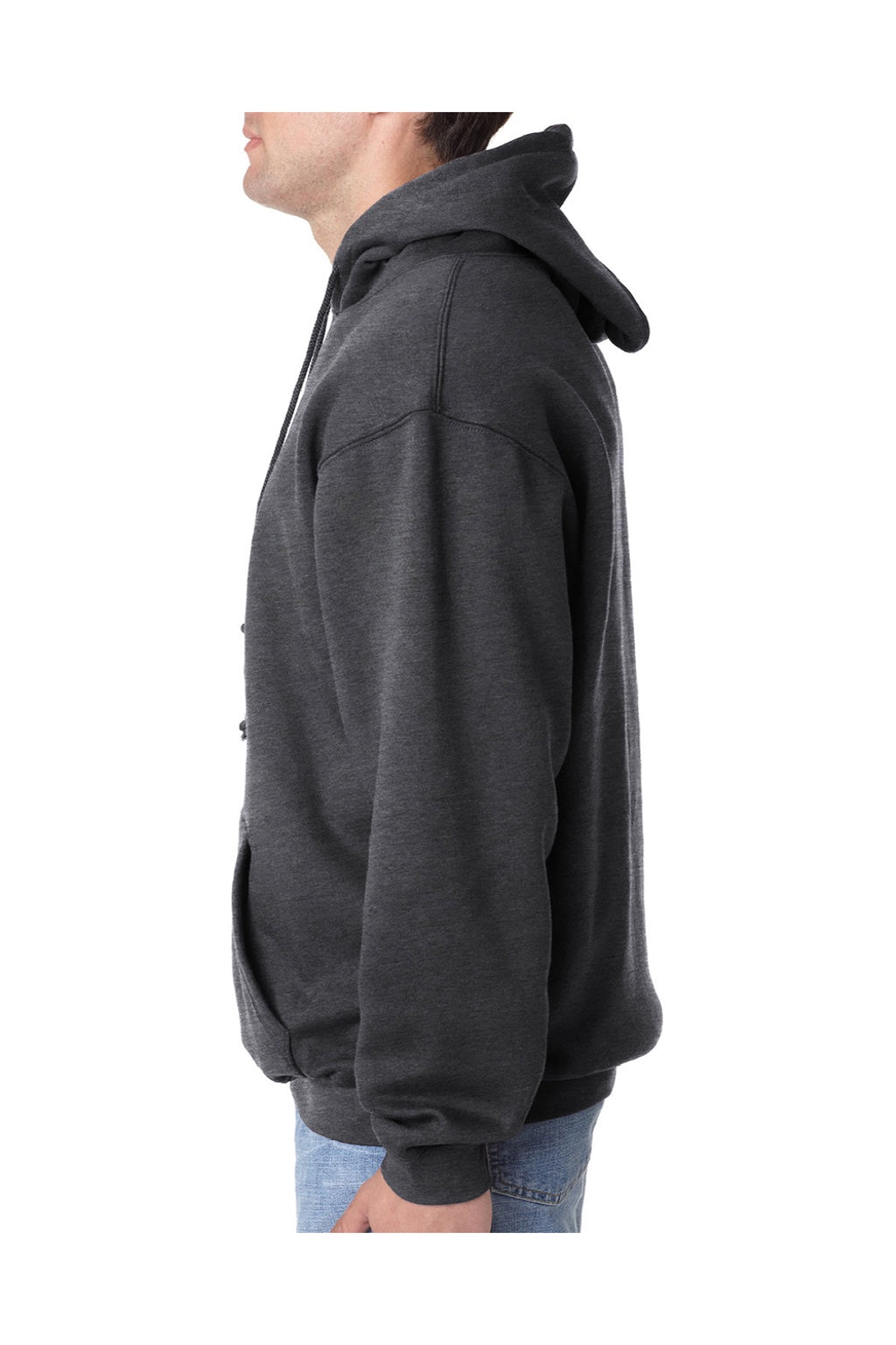 Bayside BA960 Mens USA Made Hooded Sweatshirt Hoodie w/ Pouch Pocket Heather Charcoal Grey Model Side