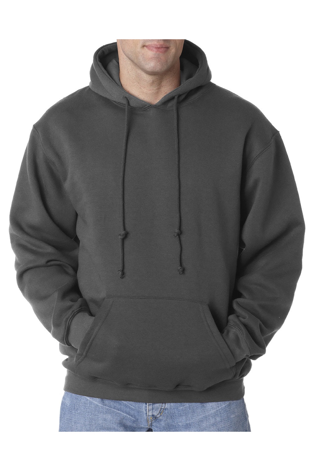 Bayside BA960 Mens USA Made Hooded Sweatshirt Hoodie w/ Pouch Pocket Charcoal Grey Model Front