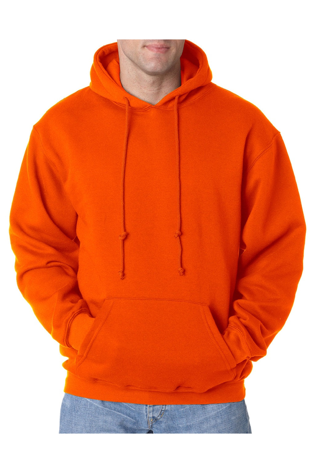 Bayside BA960 Mens USA Made Hooded Sweatshirt Hoodie w/ Pouch Pocket Bright Orange Model Front