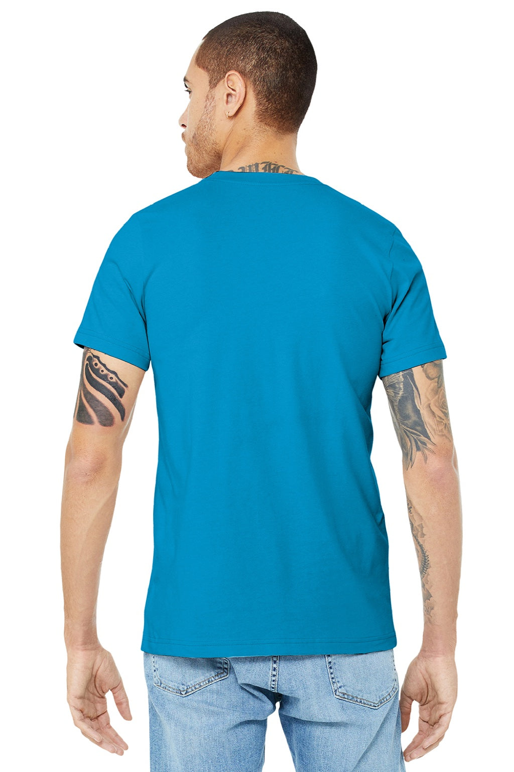 Bella + Canvas BC3001/3001 Mens Jersey Short Sleeve Crewneck T-Shirt Aqua Blue Model Back