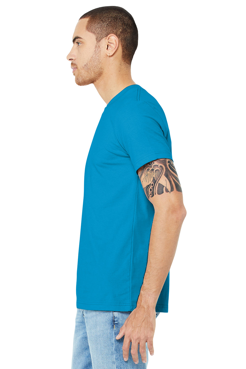 Bella + Canvas BC3001/3001C Mens Jersey Short Sleeve Crewneck T-Shirt Aqua Blue Model Side