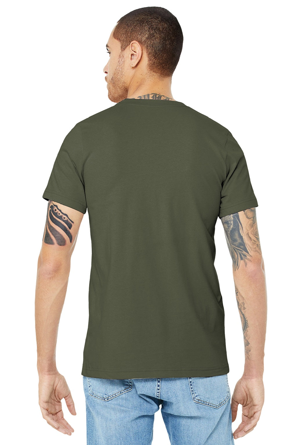 Bella + Canvas BC3001/3001 Mens Jersey Short Sleeve Crewneck T-Shirt Army Green Model Back