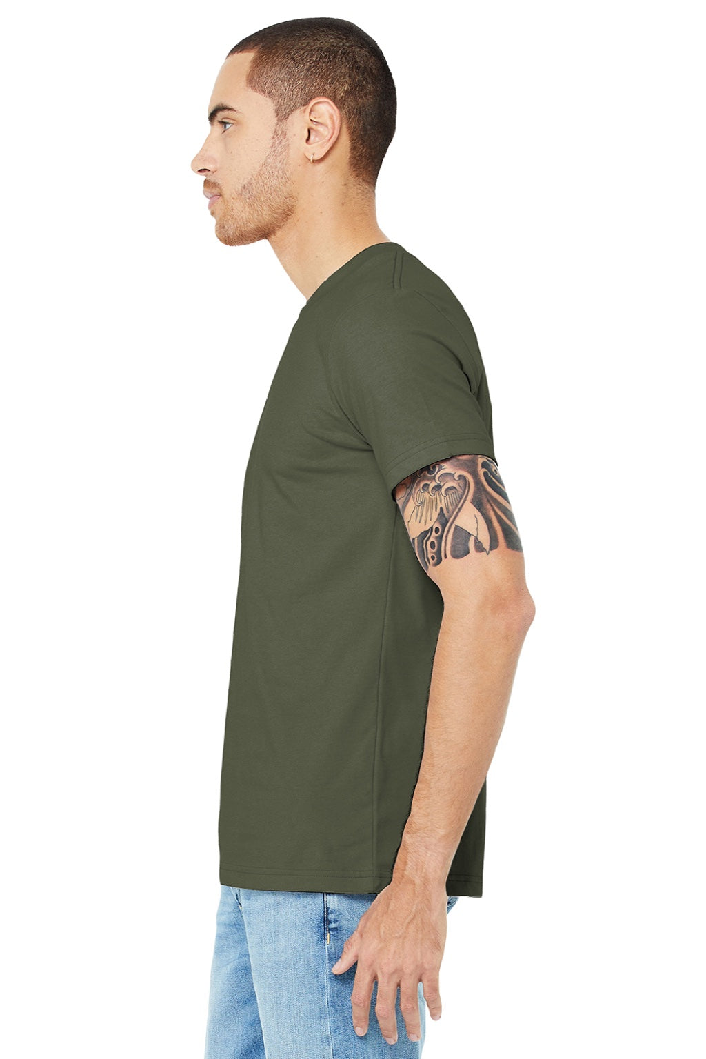 Bella + Canvas BC3001/3001 Mens Jersey Short Sleeve Crewneck T-Shirt Army Green Model Side