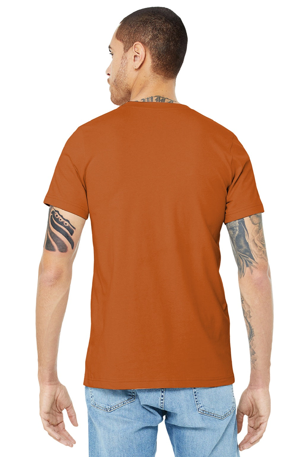 Bella + Canvas BC3001/3001 Mens Jersey Short Sleeve Crewneck T-Shirt Autumn Orange Model Back