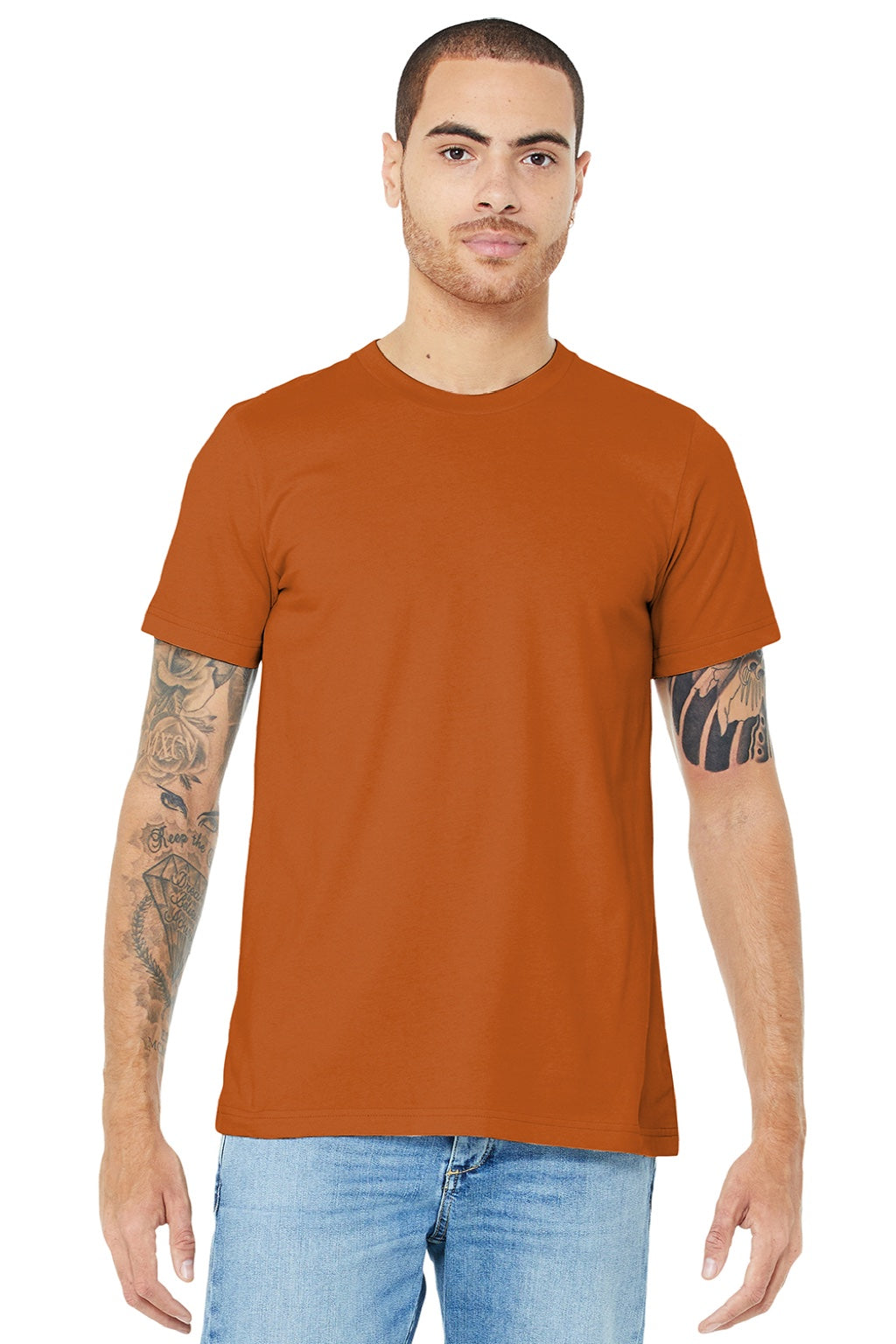 Bella + Canvas BC3001/3001 Mens Jersey Short Sleeve Crewneck T-Shirt Autumn Orange Model Front