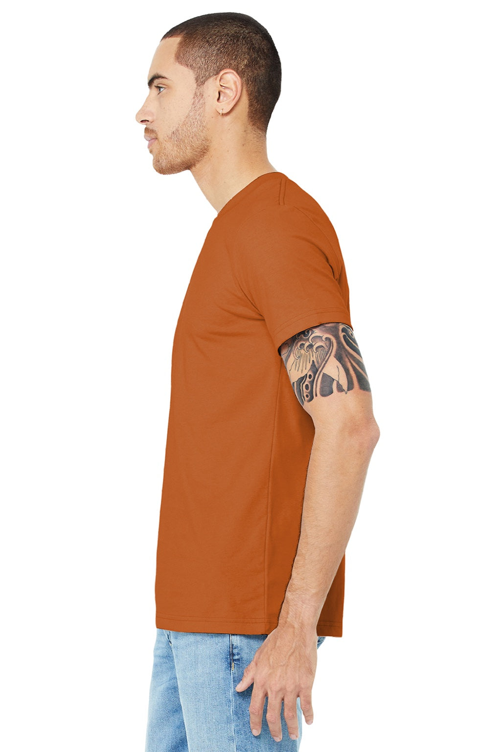 Bella + Canvas BC3001/3001 Mens Jersey Short Sleeve Crewneck T-Shirt Autumn Orange Model Side
