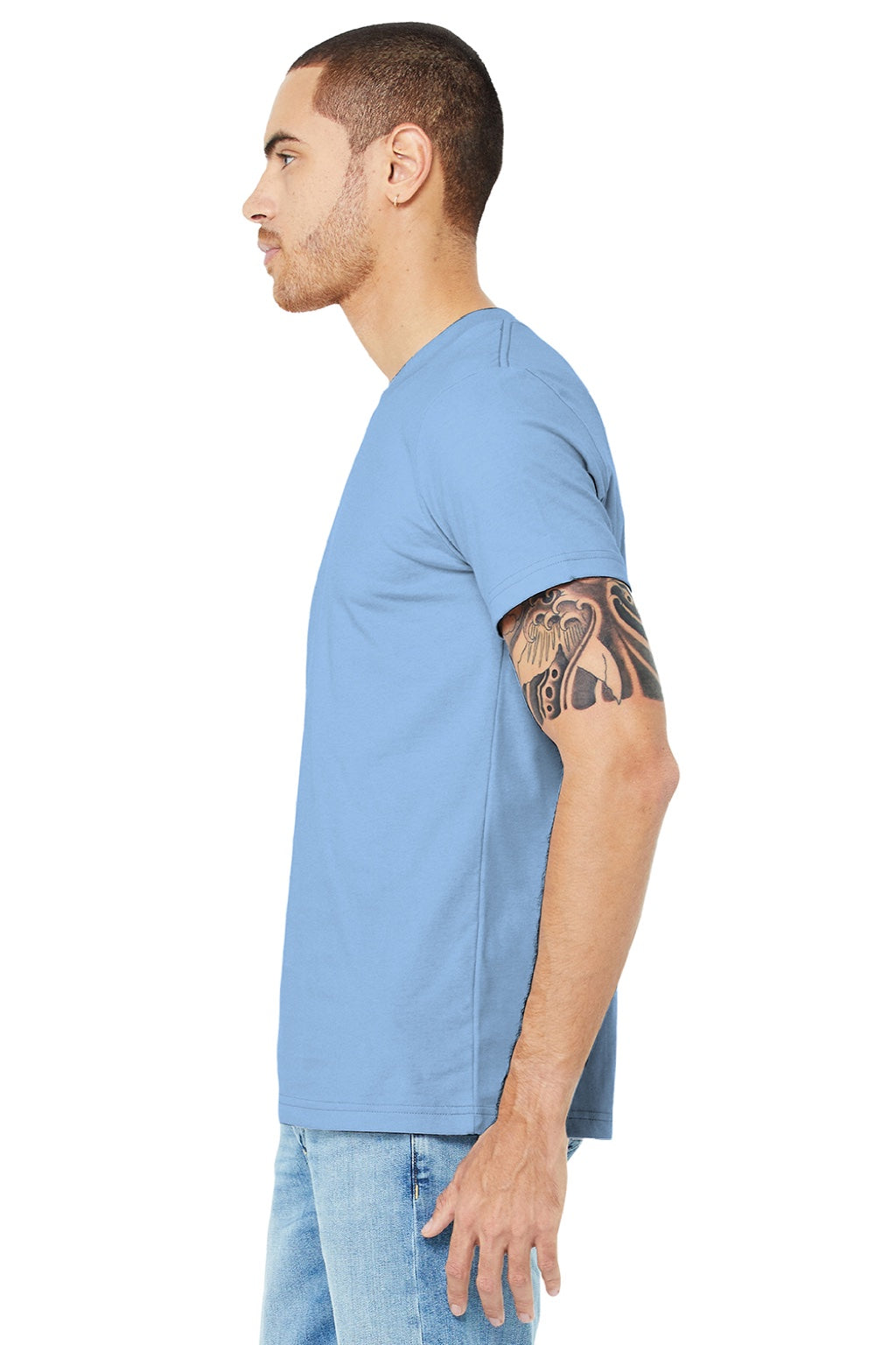 Bella + Canvas BC3001/3001 Mens Jersey Short Sleeve Crewneck T-Shirt Baby Blue Model Side