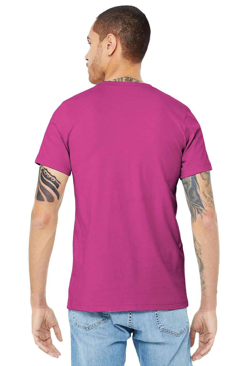 Bella + Canvas BC3001/3001 Mens Jersey Short Sleeve Crewneck T-Shirt Berry Pink Model Back