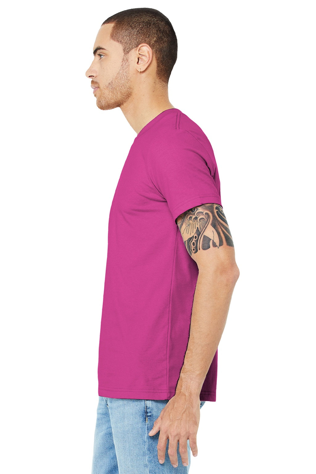 Bella + Canvas BC3001/3001 Mens Jersey Short Sleeve Crewneck T-Shirt Berry Pink Model Side