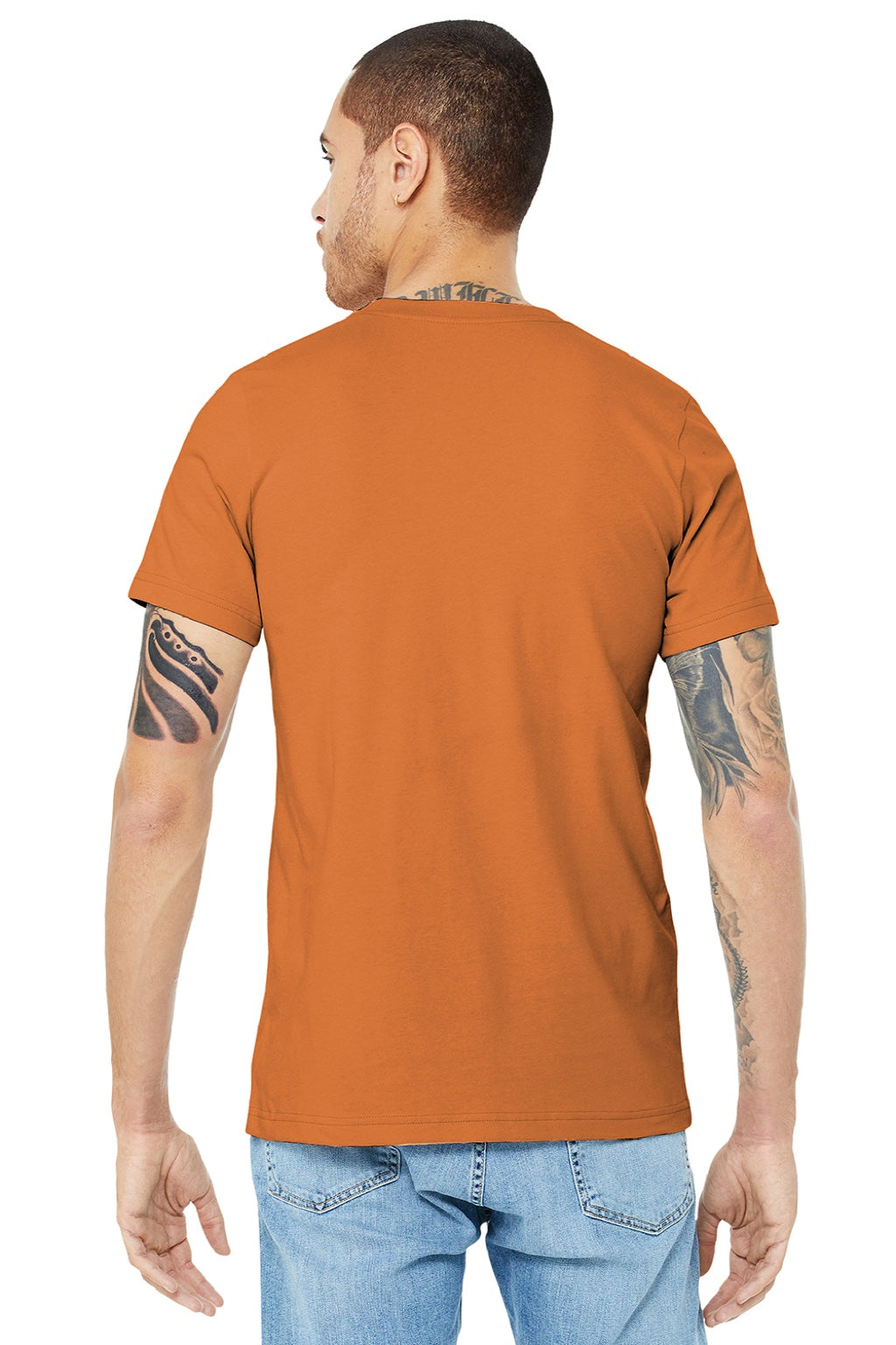 Bella + Canvas BC3001/3001 Mens Jersey Short Sleeve Crewneck T-Shirt Burnt Orange Model Back