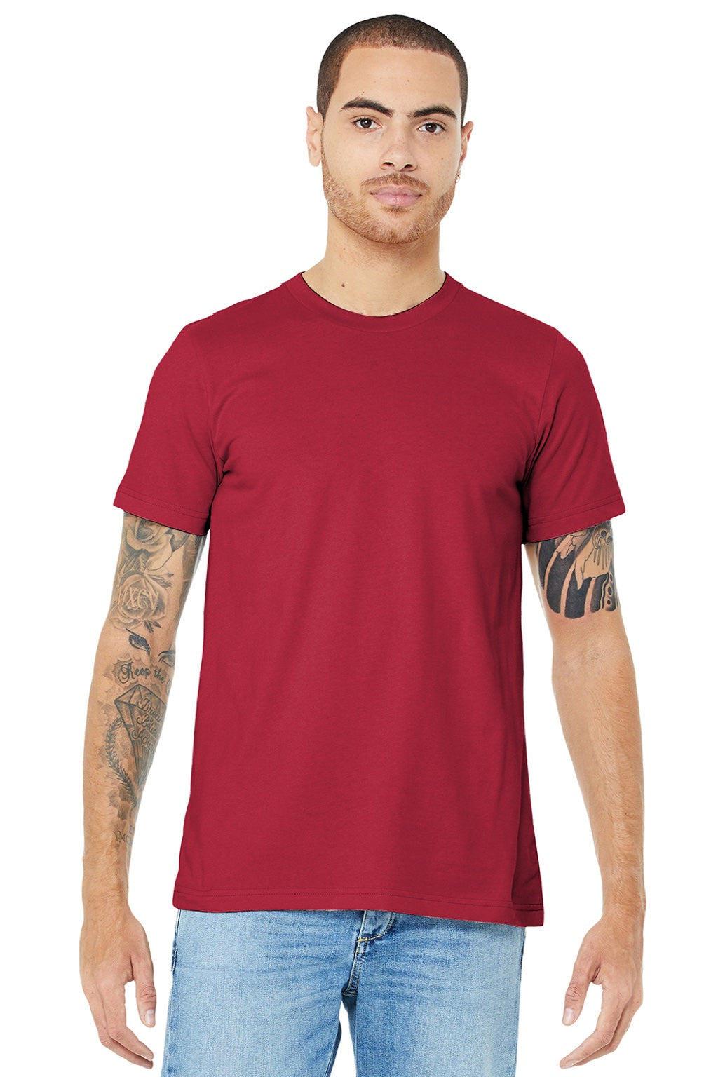 Bella + Canvas BC3001/3001 Mens Jersey Short Sleeve Crewneck T-Shirt Cardinal Red Model Front
