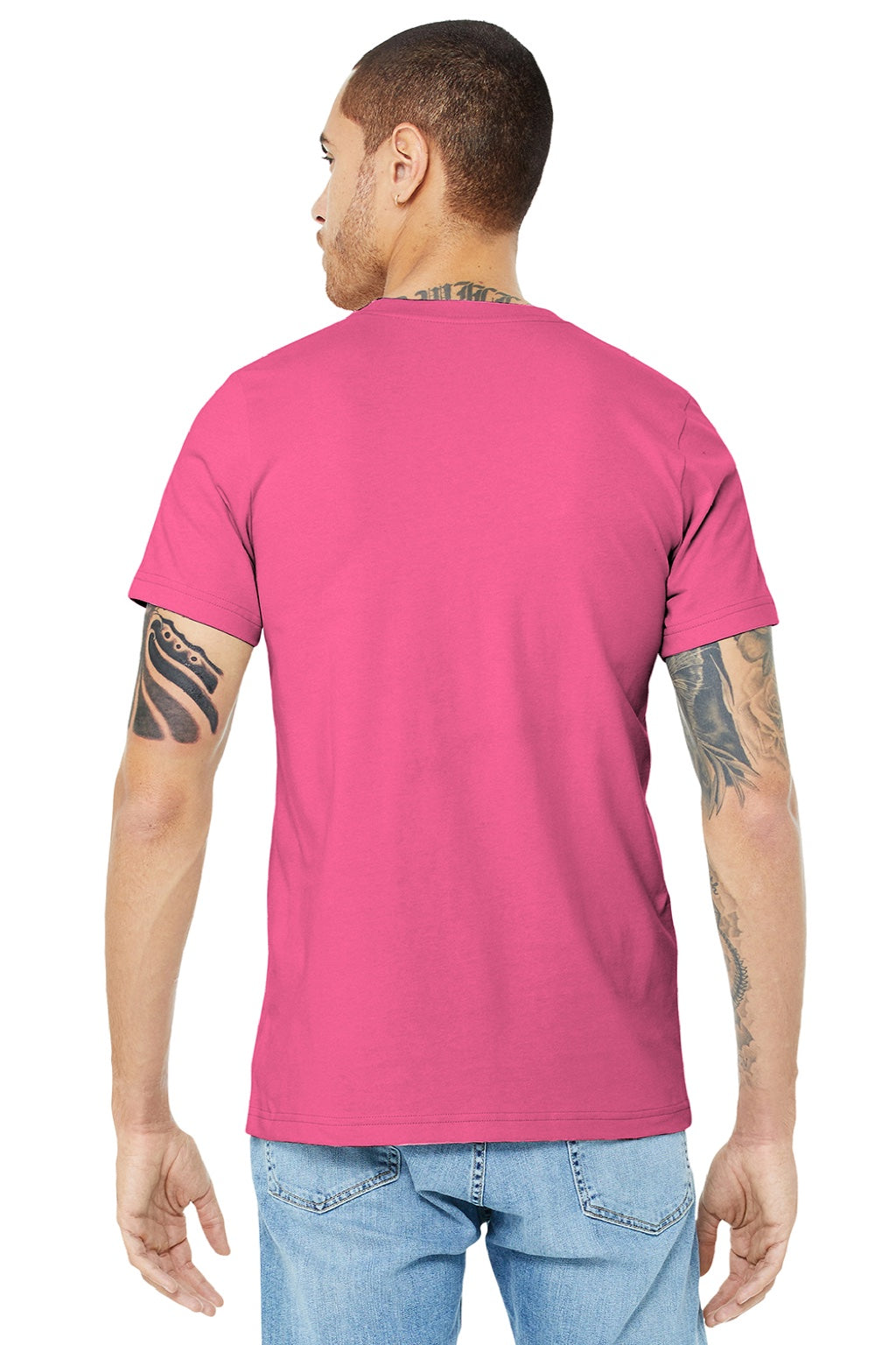 Bella + Canvas BC3001/3001 Mens Jersey Short Sleeve Crewneck T-Shirt Charity Pink Model Back