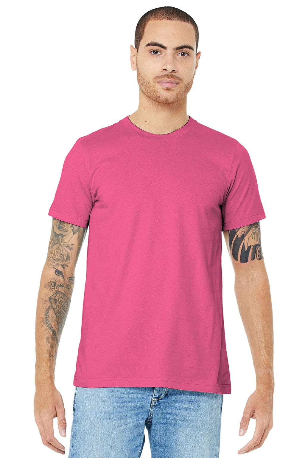 Bella + Canvas BC3001/3001 Mens Jersey Short Sleeve Crewneck T-Shirt Charity Pink Model Front