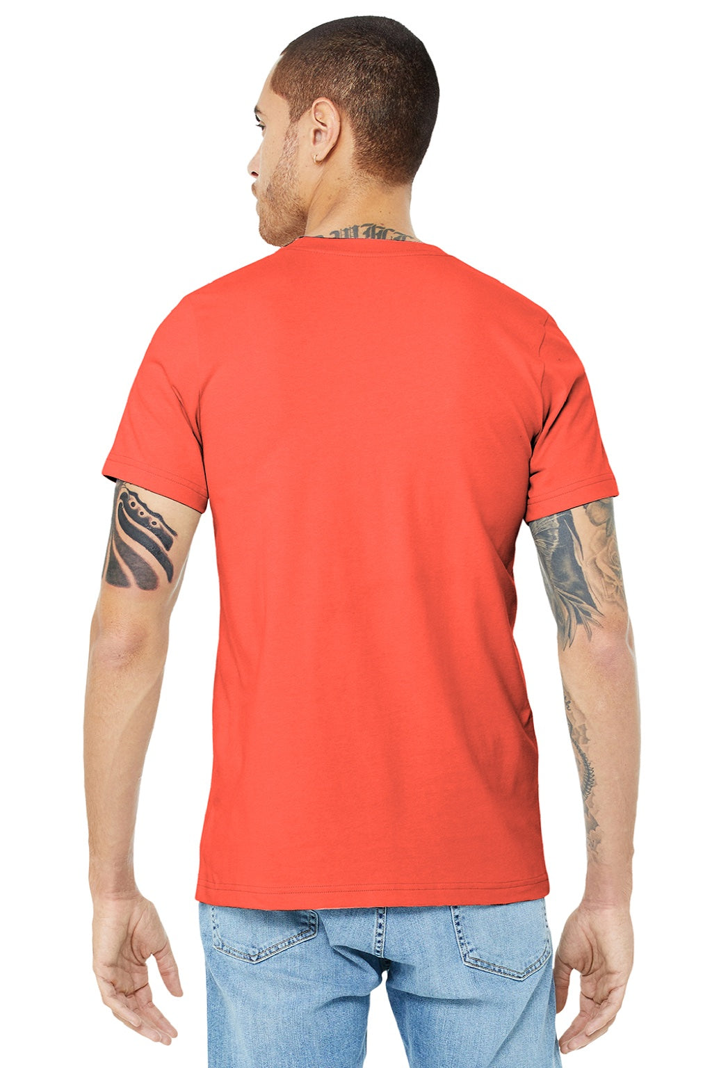 Bella + Canvas BC3001/3001 Mens Jersey Short Sleeve Crewneck T-Shirt Coral Model Back