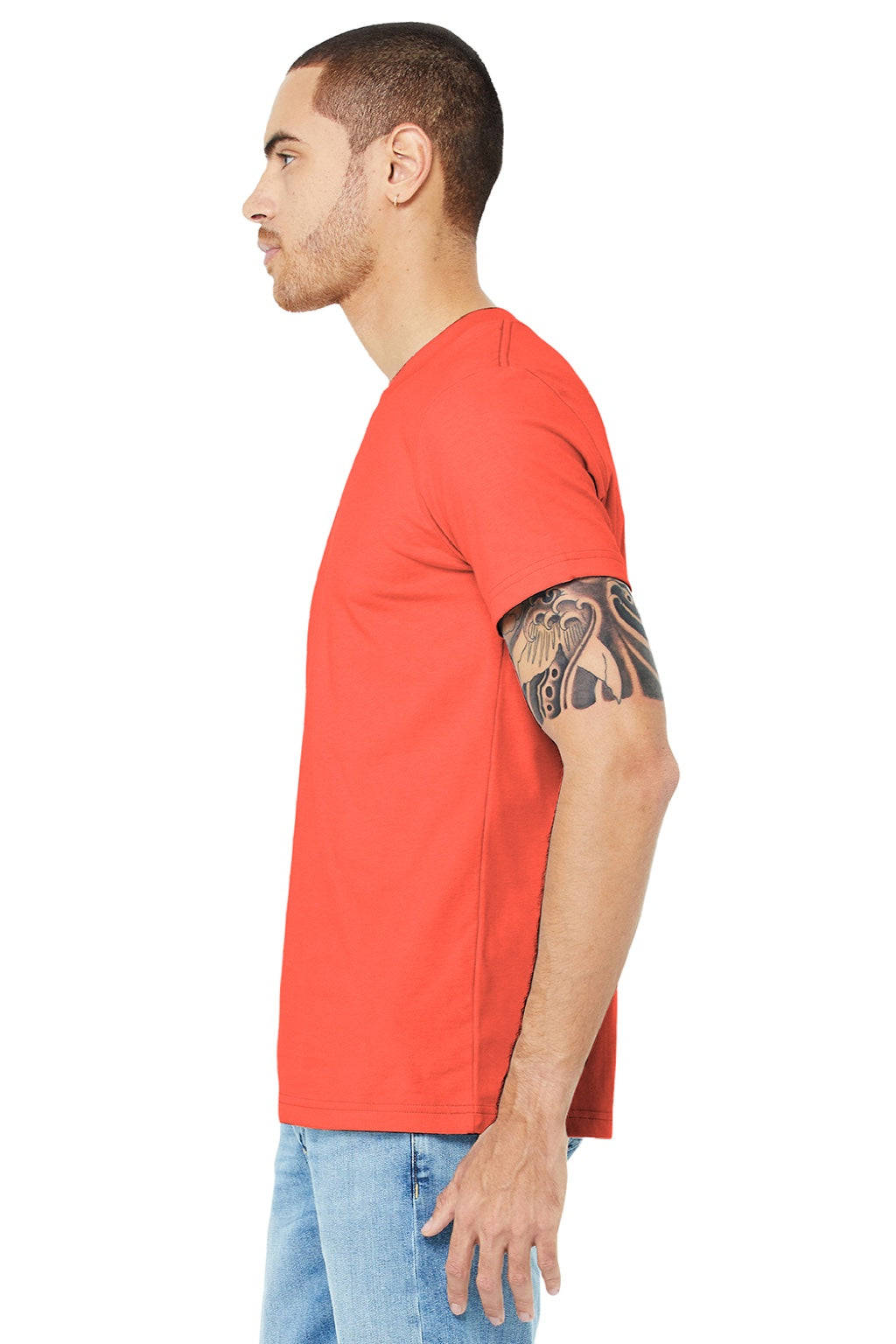 Bella + Canvas BC3001/3001 Mens Jersey Short Sleeve Crewneck T-Shirt Coral Model Side