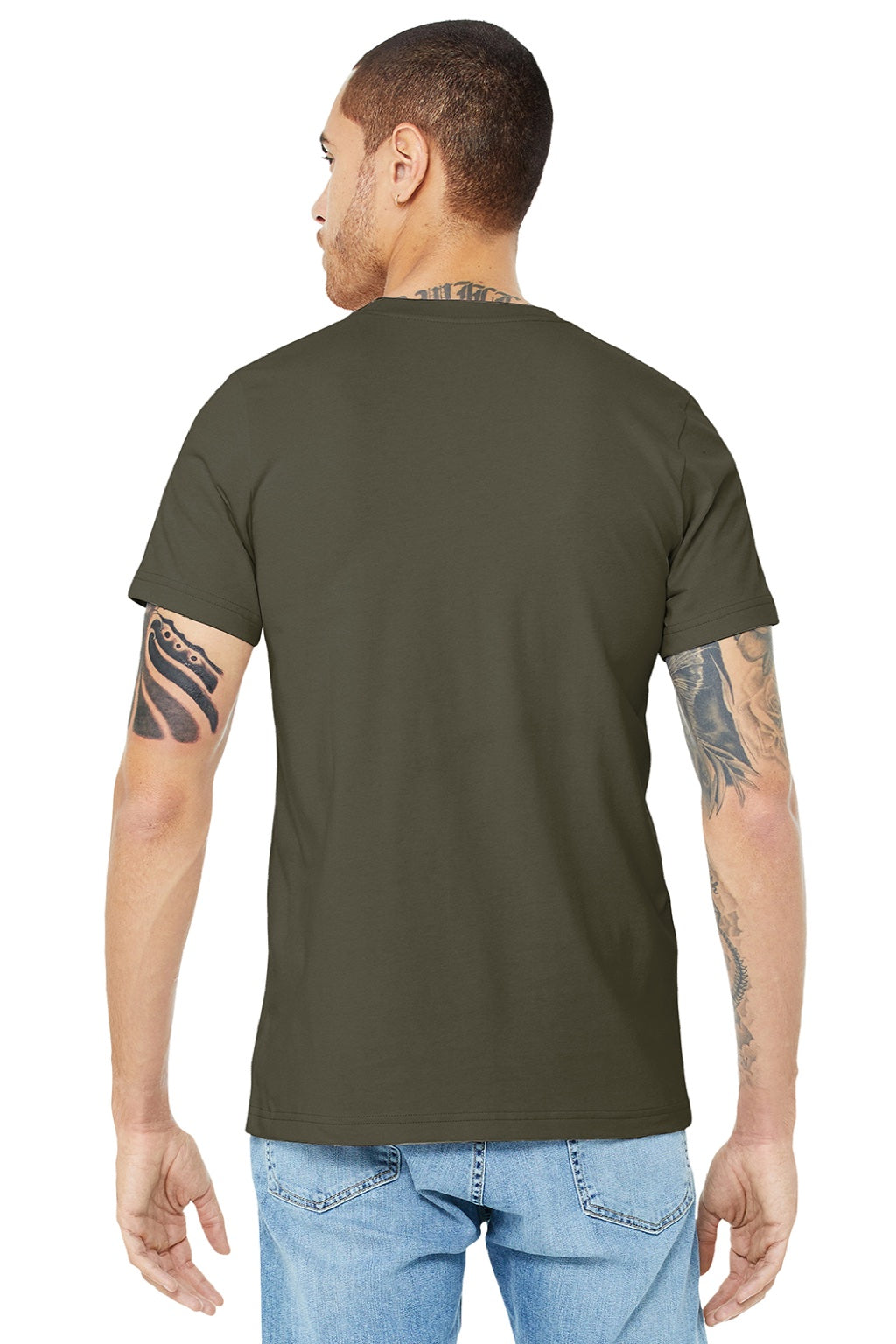 Bella + Canvas BC3001/3001 Mens Jersey Short Sleeve Crewneck T-Shirt Dark Olive Green Model Back
