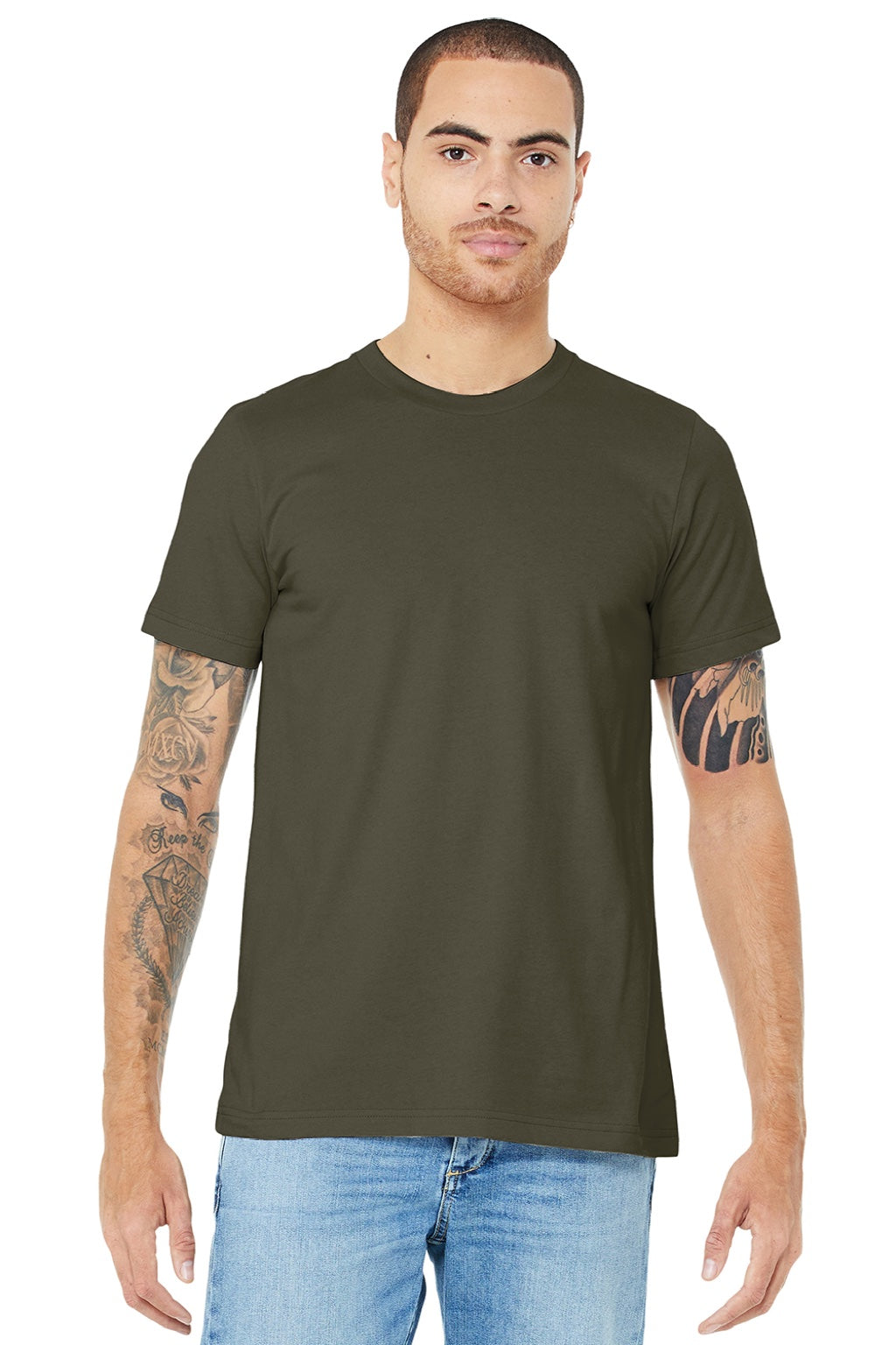 Bella + Canvas BC3001/3001 Mens Jersey Short Sleeve Crewneck T-Shirt Dark Olive Green Model Front