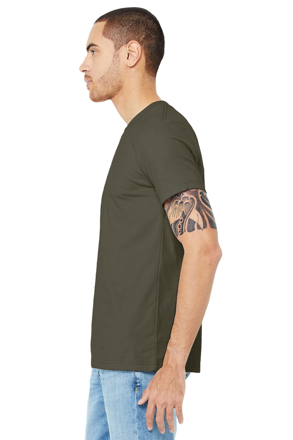Bella + Canvas BC3001/3001 Mens Jersey Short Sleeve Crewneck T-Shirt Dark Olive Green Model Side