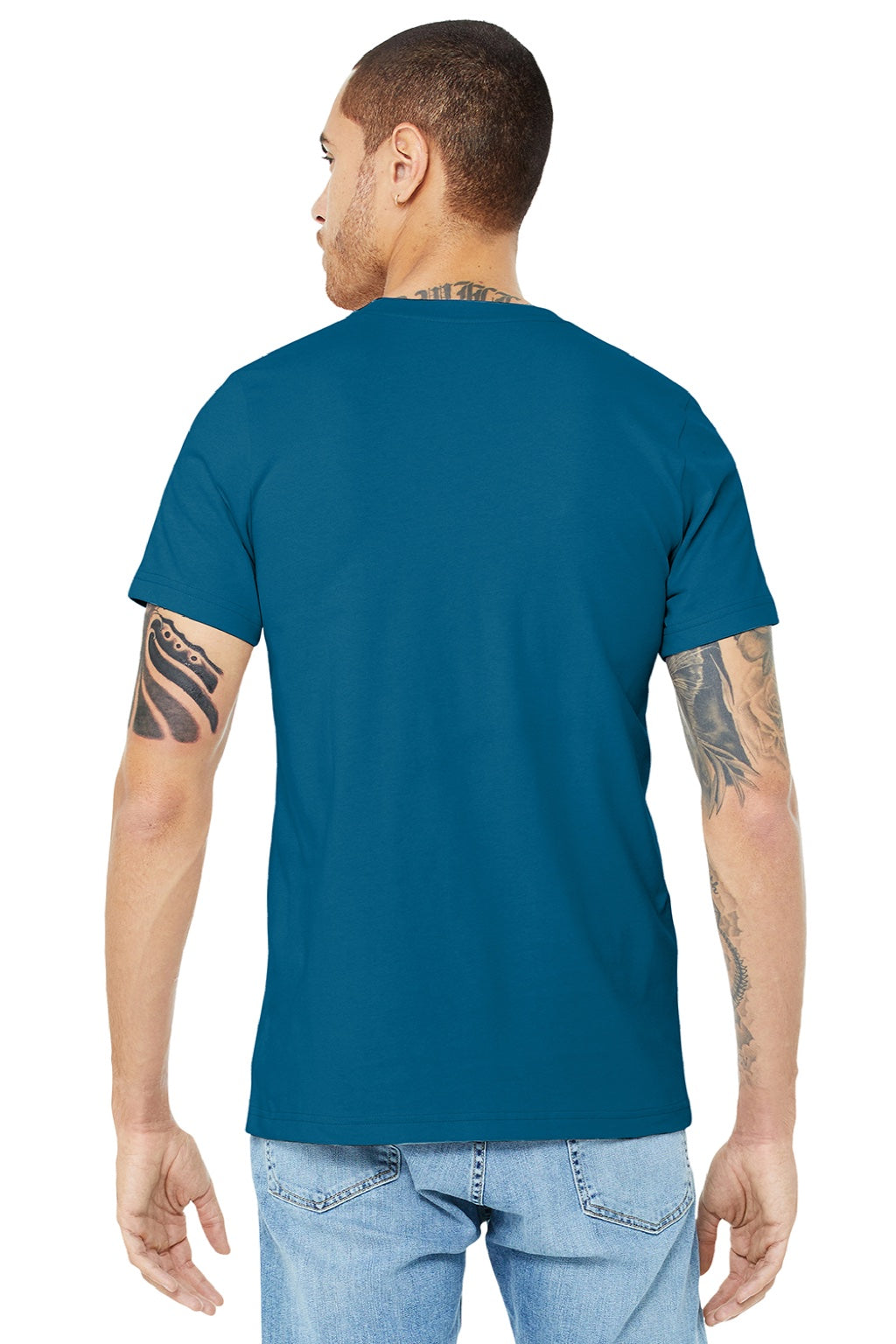 Bella + Canvas BC3001/3001 Mens Jersey Short Sleeve Crewneck T-Shirt Deep Teal Blue Model Back