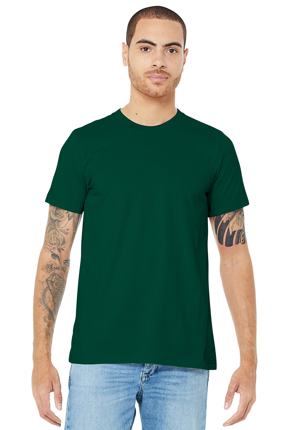 Bella + Canvas BC3001/3001C Mens Jersey Short Sleeve Crewneck T-Shirt Evergreen Model Front