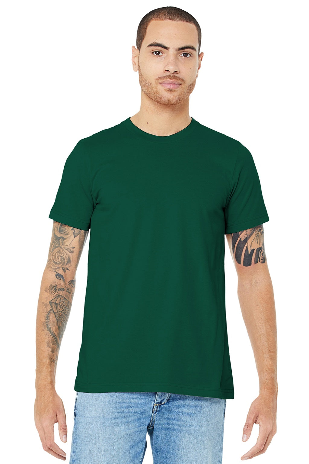 Bella + Canvas BC3001/3001 Mens Jersey Short Sleeve Crewneck T-Shirt Forest Green Model Front