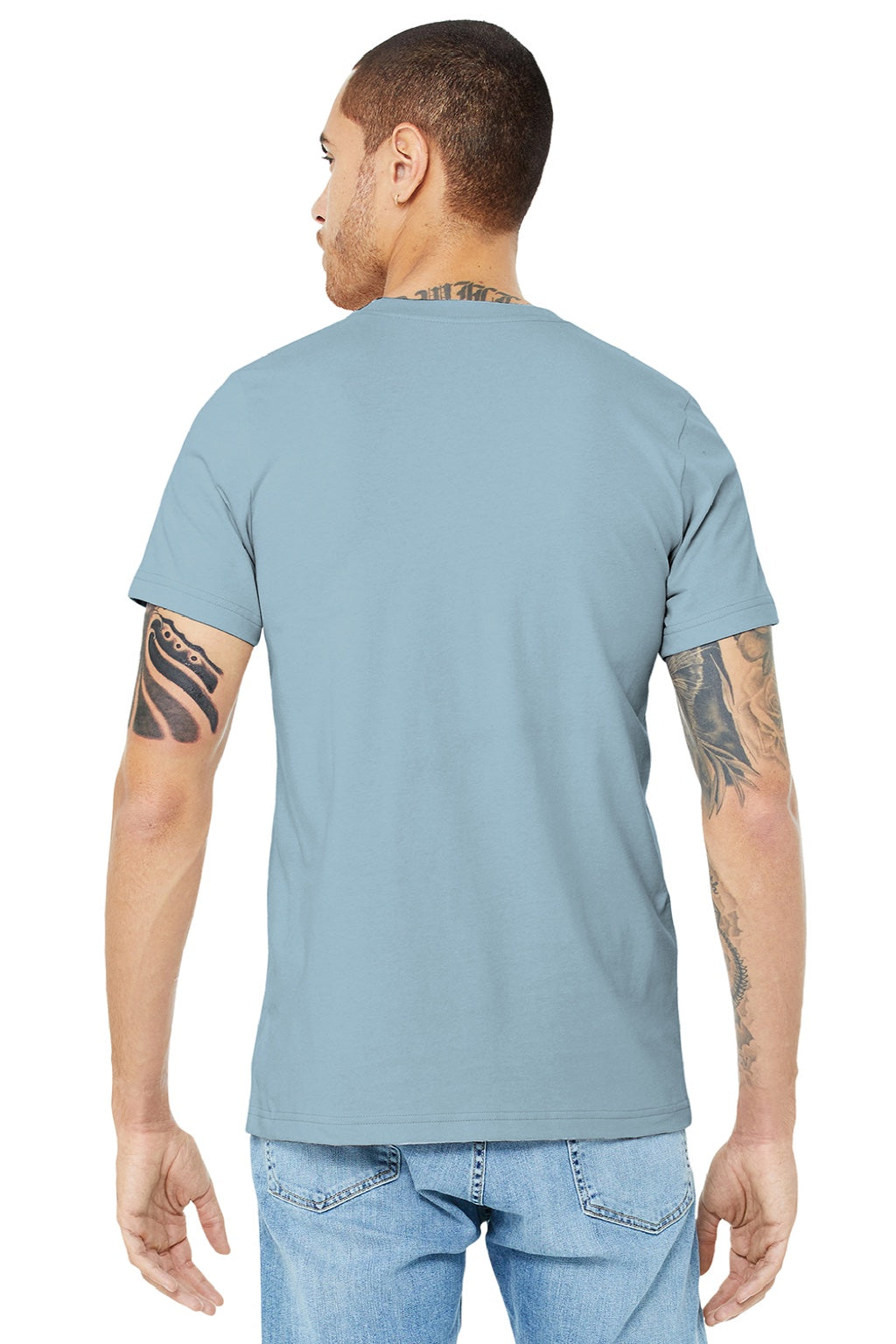 Bella + Canvas BC3001/3001 Mens Jersey Short Sleeve Crewneck T-Shirt Light Blue Model Back