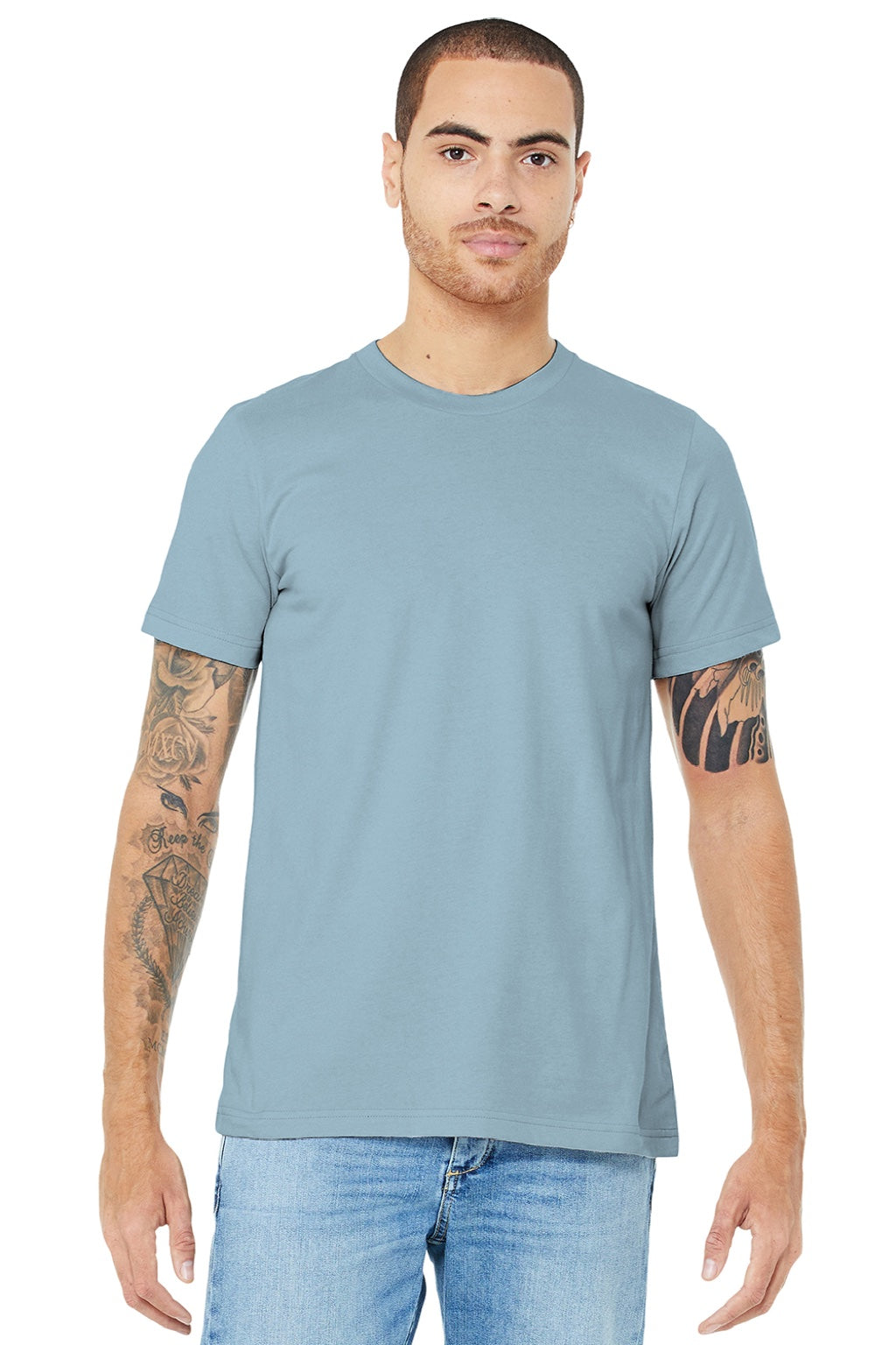 Bella + Canvas BC3001/3001 Mens Jersey Short Sleeve Crewneck T-Shirt Light Blue Model Front
