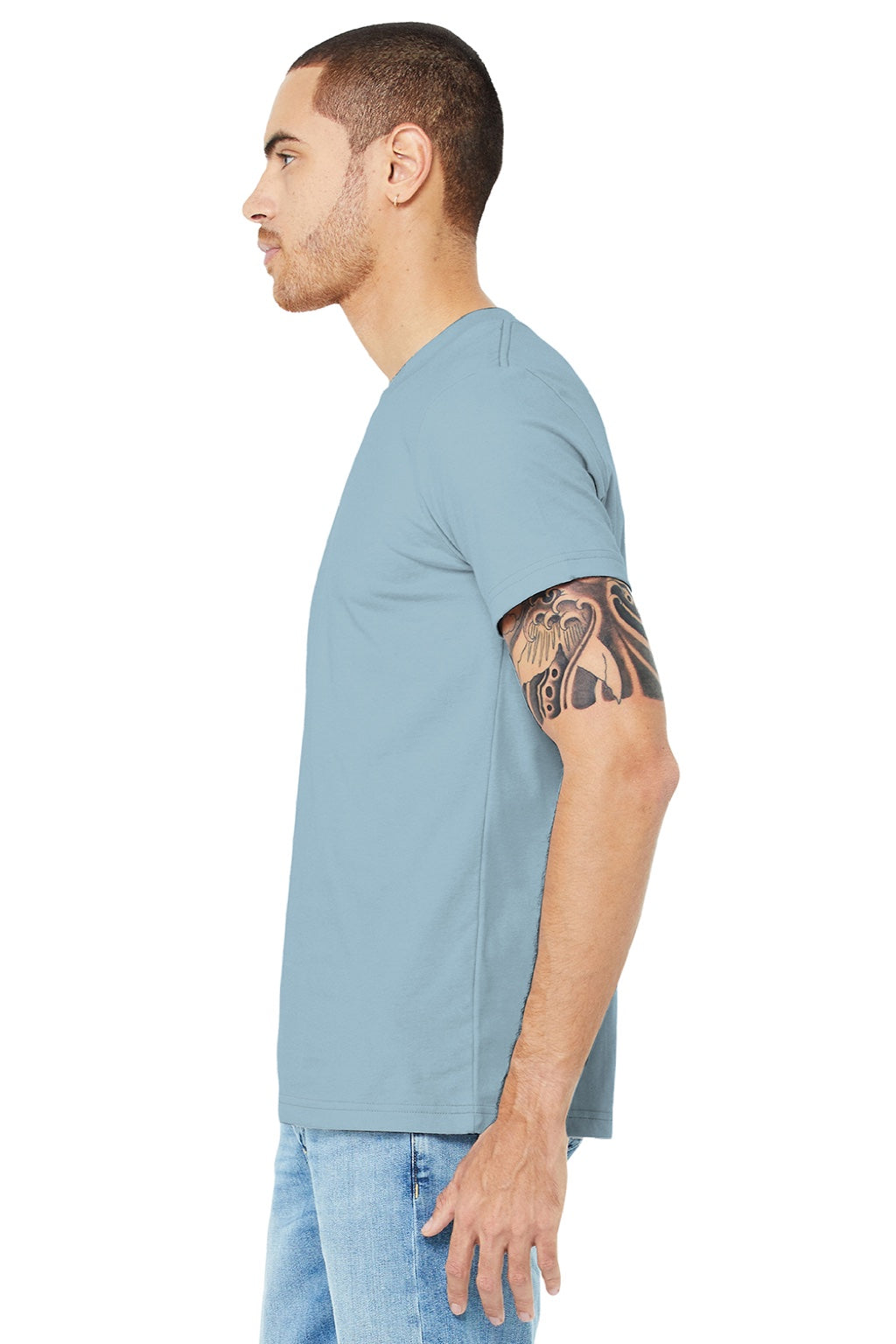 Bella + Canvas BC3001/3001 Mens Jersey Short Sleeve Crewneck T-Shirt Light Blue Model Side