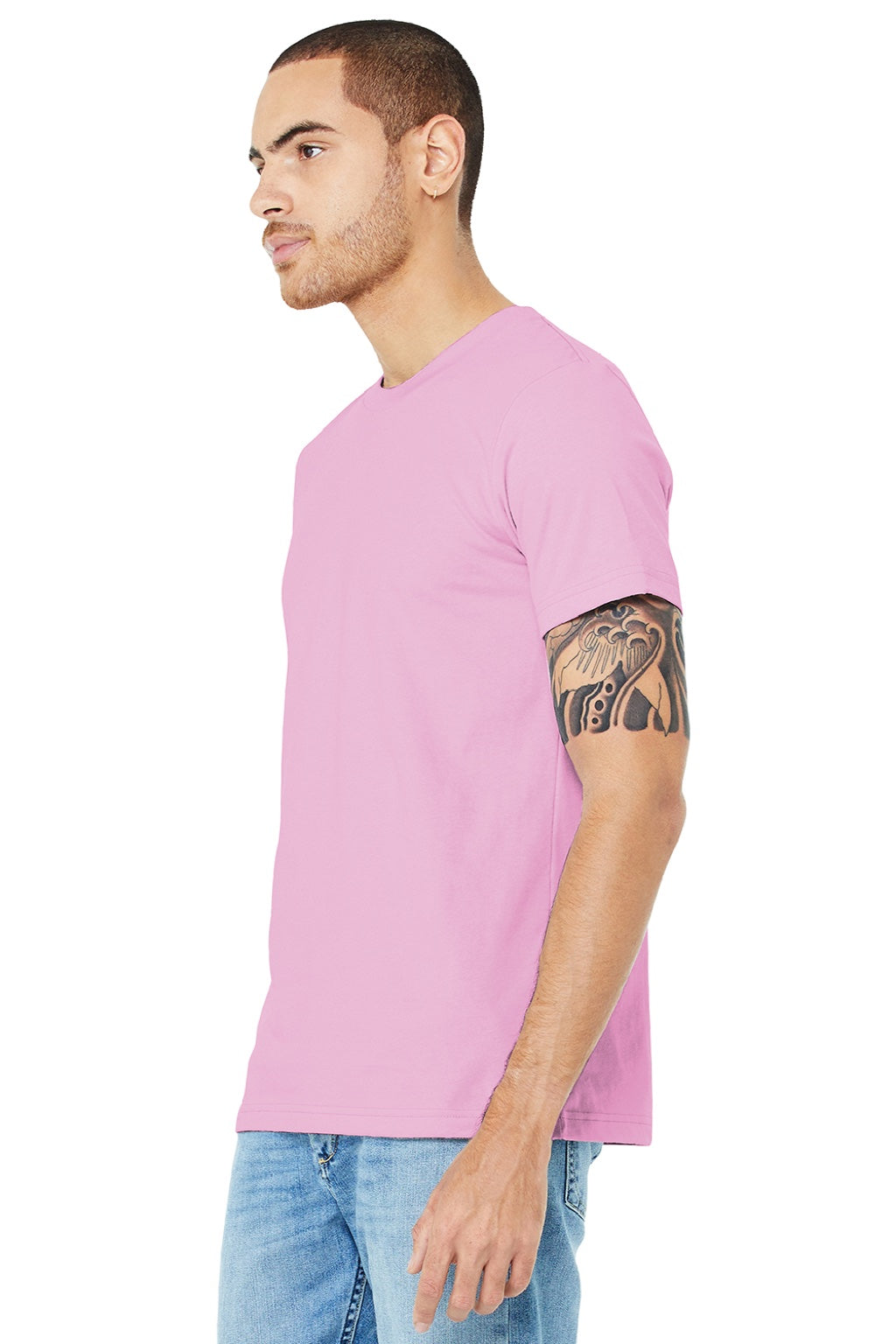 Bella + Canvas BC3001/3001 Mens Jersey Short Sleeve Crewneck T-Shirt Lilac Pink Model 3Q