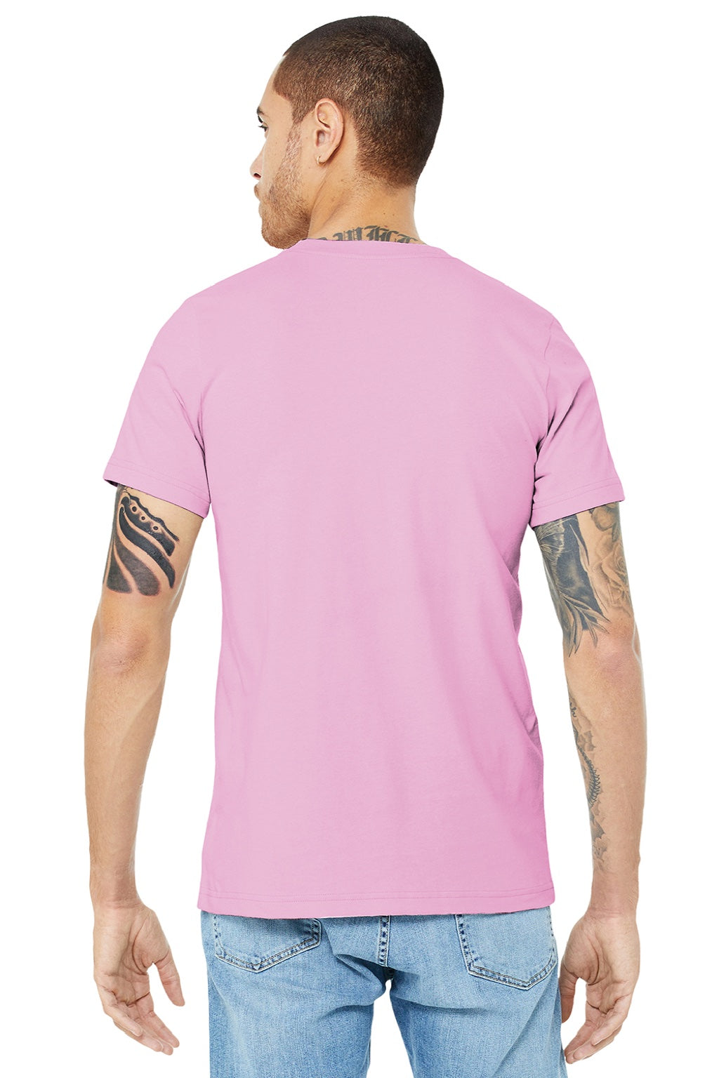 Bella + Canvas BC3001/3001 Mens Jersey Short Sleeve Crewneck T-Shirt Lilac Pink Model Back
