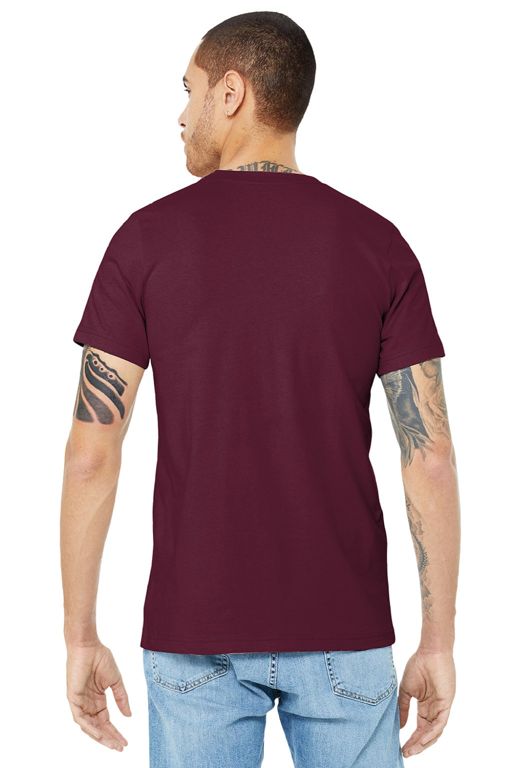 Bella + Canvas BC3001/3001 Mens Jersey Short Sleeve Crewneck T-Shirt Maroon Model Back