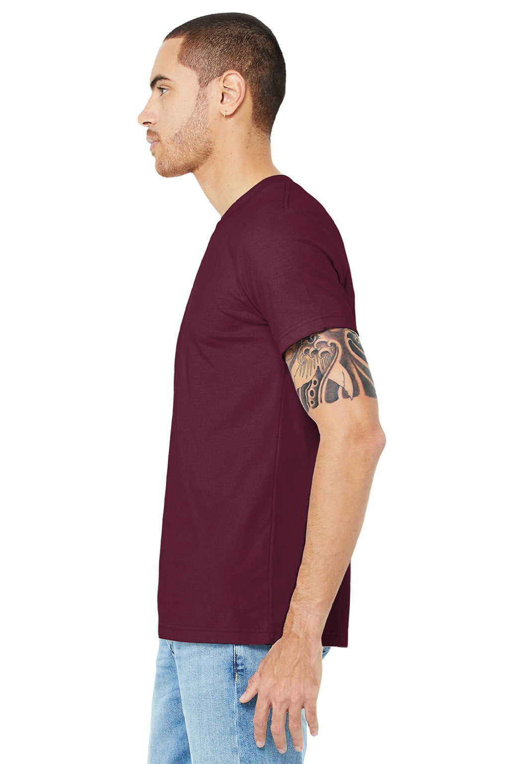 Bella + Canvas BC3001/3001 Mens Jersey Short Sleeve Crewneck T-Shirt Maroon Model Side