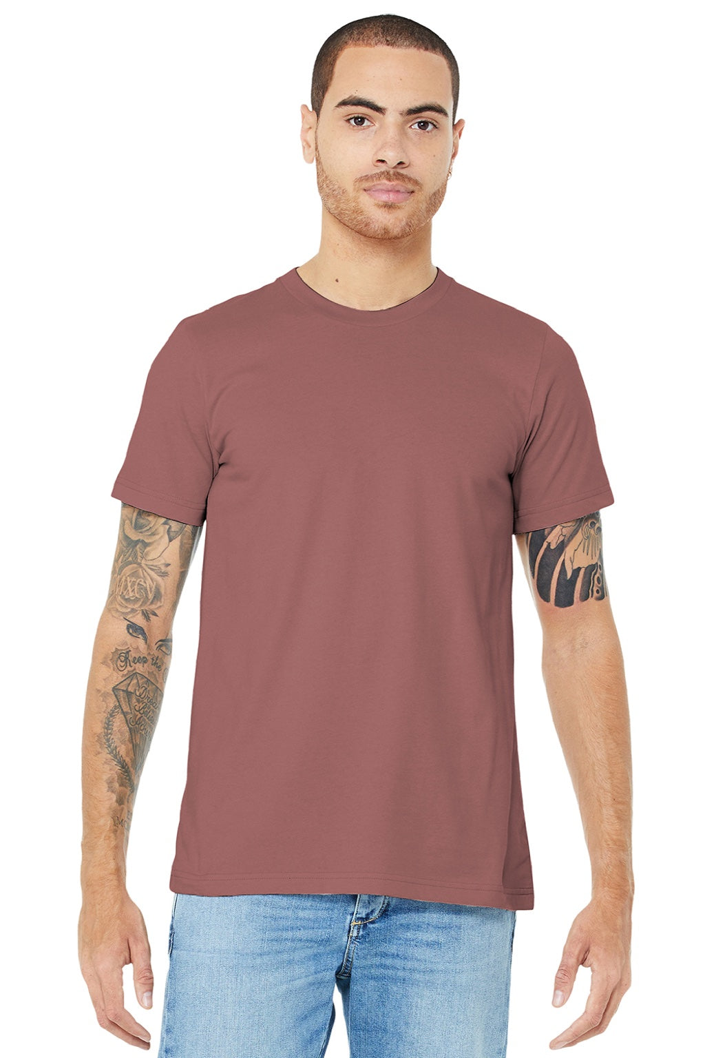 Bella + Canvas BC3001/3001 Mens Jersey Short Sleeve Crewneck T-Shirt Mauve Model Front