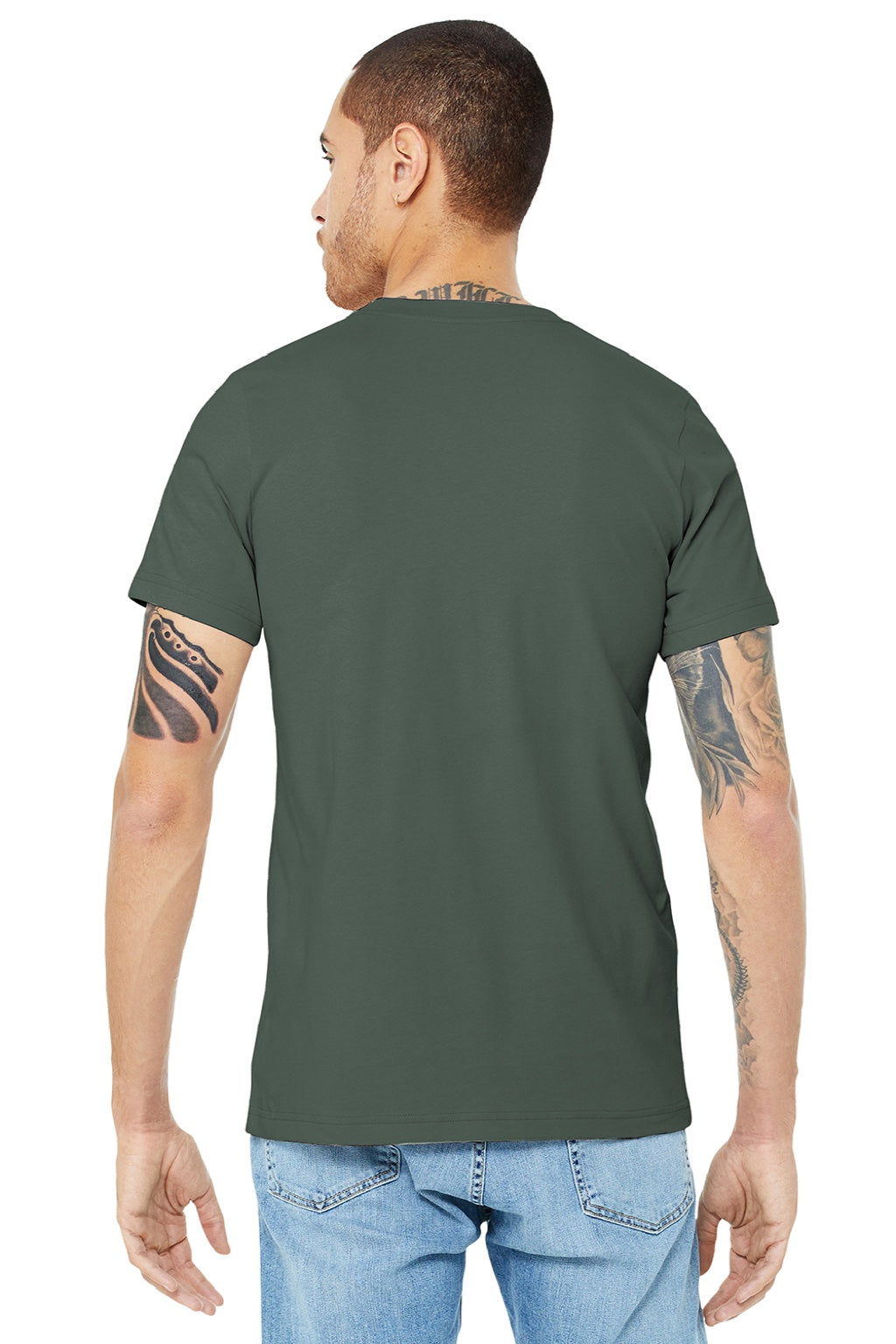 Bella + Canvas BC3001/3001 Mens Jersey Short Sleeve Crewneck T-Shirt Military Green Model Back