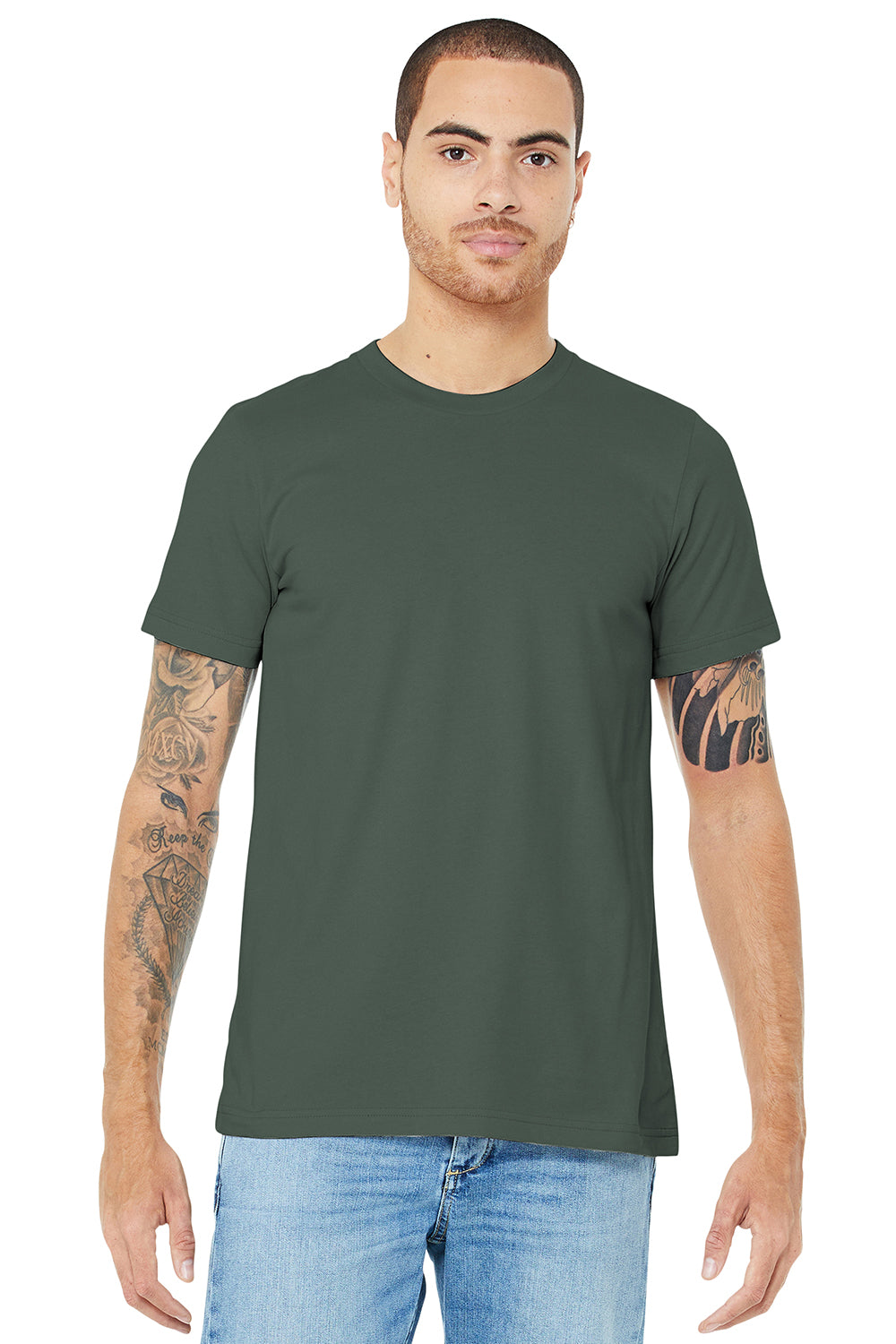 Bella + Canvas BC3001/3001C Mens Jersey Short Sleeve Crewneck T-Shirt Military Green Model Front