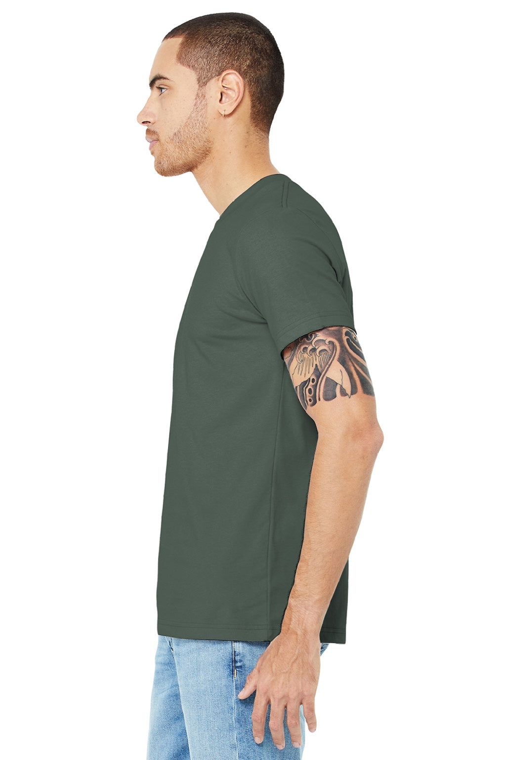 Bella + Canvas BC3001/3001 Mens Jersey Short Sleeve Crewneck T-Shirt Military Green Model Side