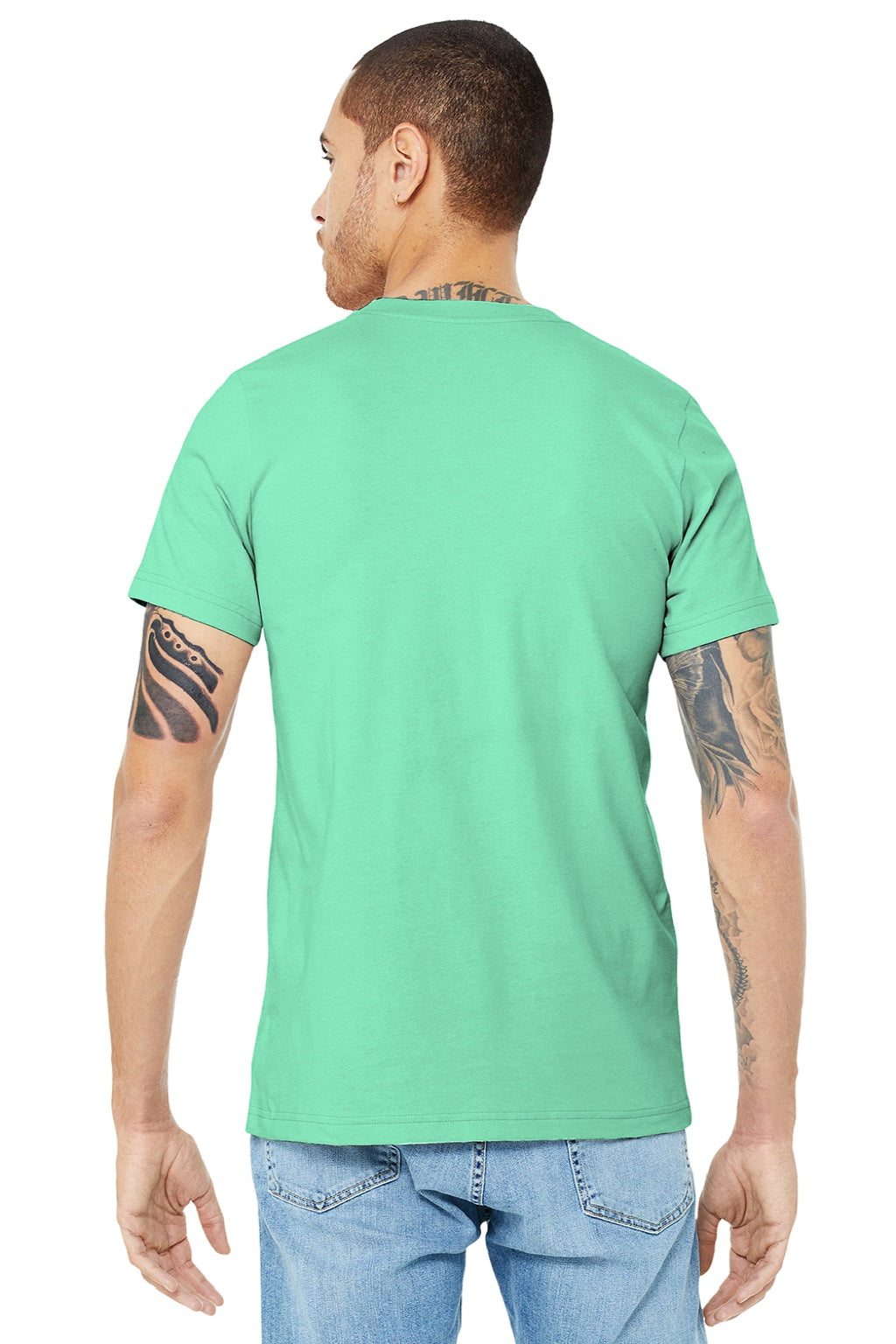 Bella + Canvas BC3001/3001 Mens Jersey Short Sleeve Crewneck T-Shirt Mint Green Model Back