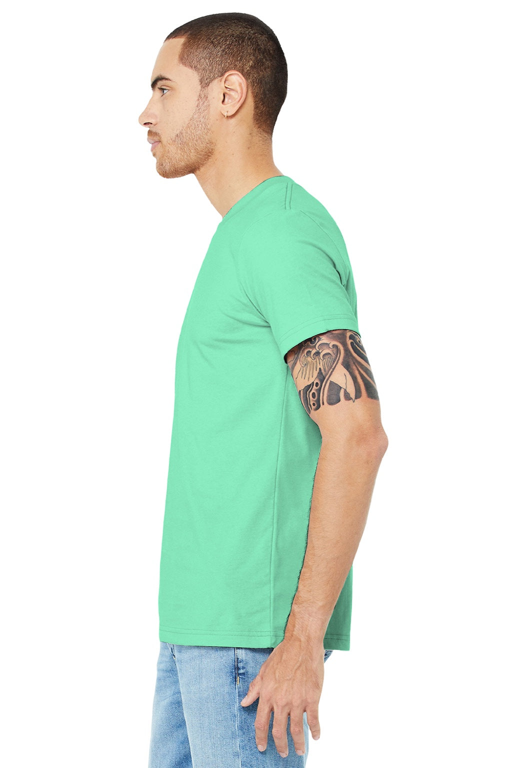 Bella + Canvas BC3001/3001 Mens Jersey Short Sleeve Crewneck T-Shirt Mint Green Model Side