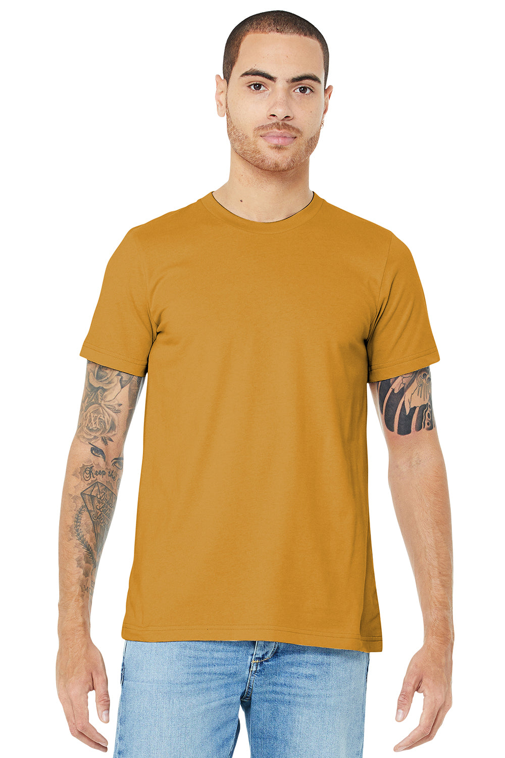Bella + Canvas BC3001/3001C Mens Jersey Short Sleeve Crewneck T-Shirt Mustard Yellow Model Front