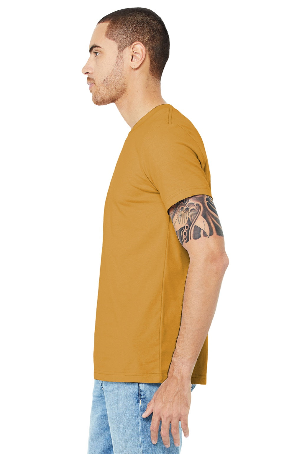 Bella + Canvas BC3001/3001 Mens Jersey Short Sleeve Crewneck T-Shirt Mustard Yellow Model Side