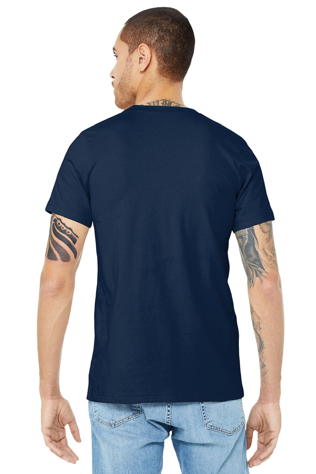 Bella + Canvas BC3001/3001 Mens Jersey Short Sleeve Crewneck T-Shirt Navy Blue Model Back