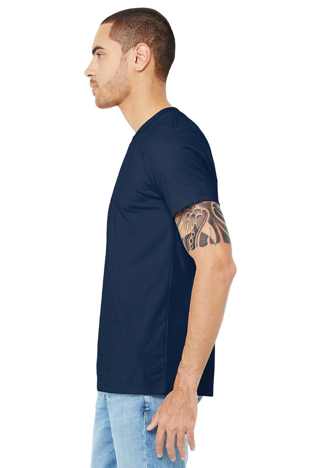 Bella + Canvas BC3001/3001 Mens Jersey Short Sleeve Crewneck T-Shirt Navy Blue Model Side