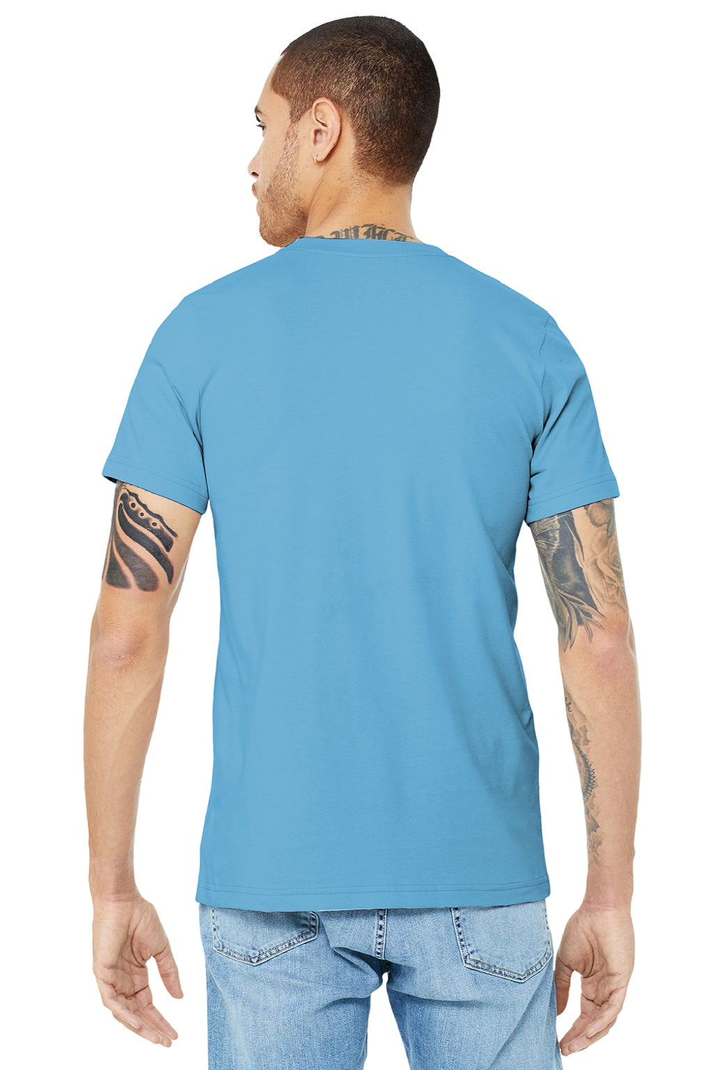 Bella + Canvas BC3001/3001 Mens Jersey Short Sleeve Crewneck T-Shirt Ocean Blue Model Back