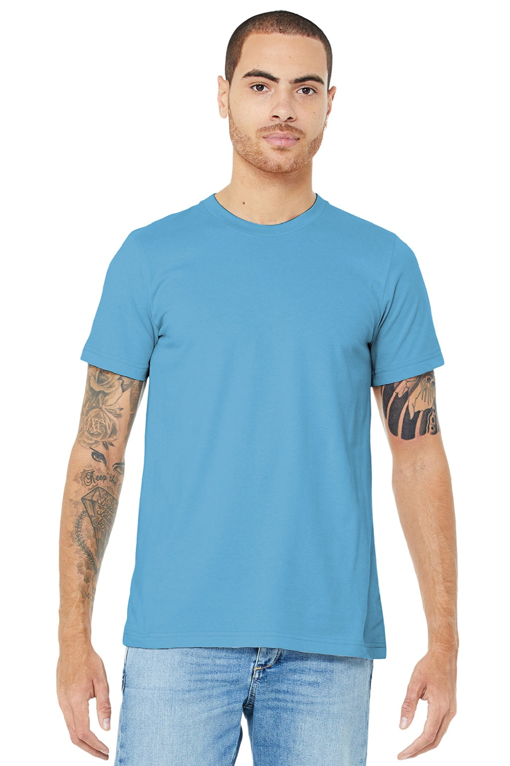 Bella + Canvas BC3001/3001 Mens Jersey Short Sleeve Crewneck T-Shirt Ocean Blue Model Front