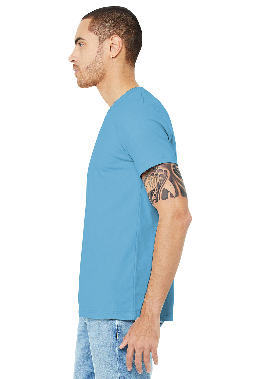 Bella + Canvas BC3001/3001C Mens Jersey Short Sleeve Crewneck T-Shirt Ocean Blue Model Side