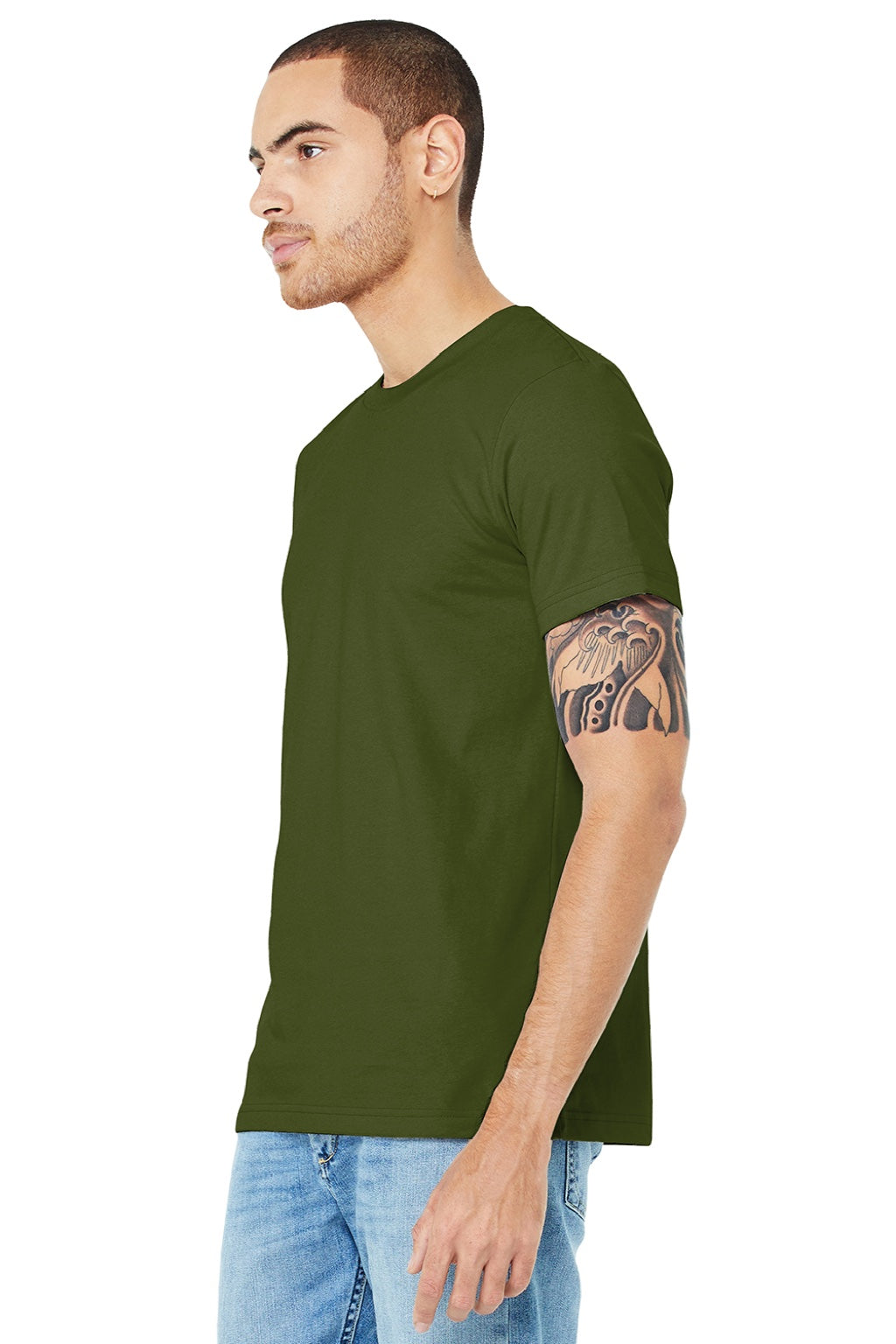 Bella + Canvas BC3001/3001 Mens Jersey Short Sleeve Crewneck T-Shirt Olive Green Model 3Q