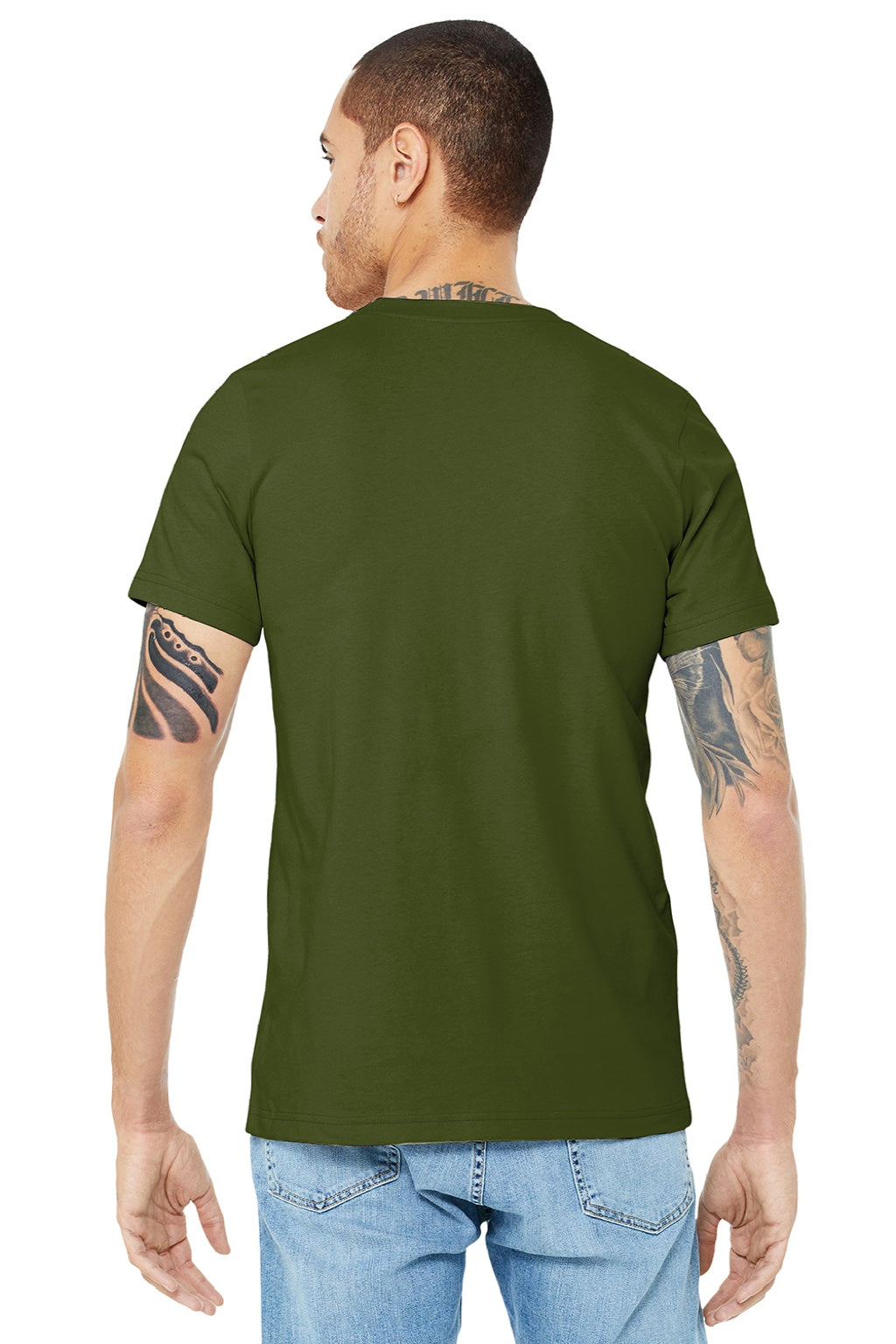 Bella + Canvas BC3001/3001 Mens Jersey Short Sleeve Crewneck T-Shirt Olive Green Model Back