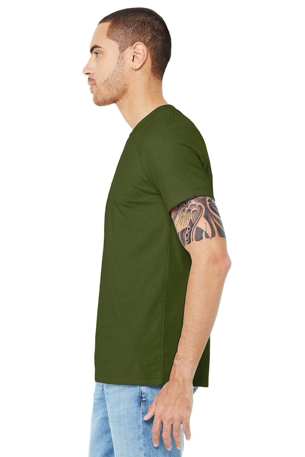 Bella + Canvas BC3001/3001 Mens Jersey Short Sleeve Crewneck T-Shirt Olive Green Model Side