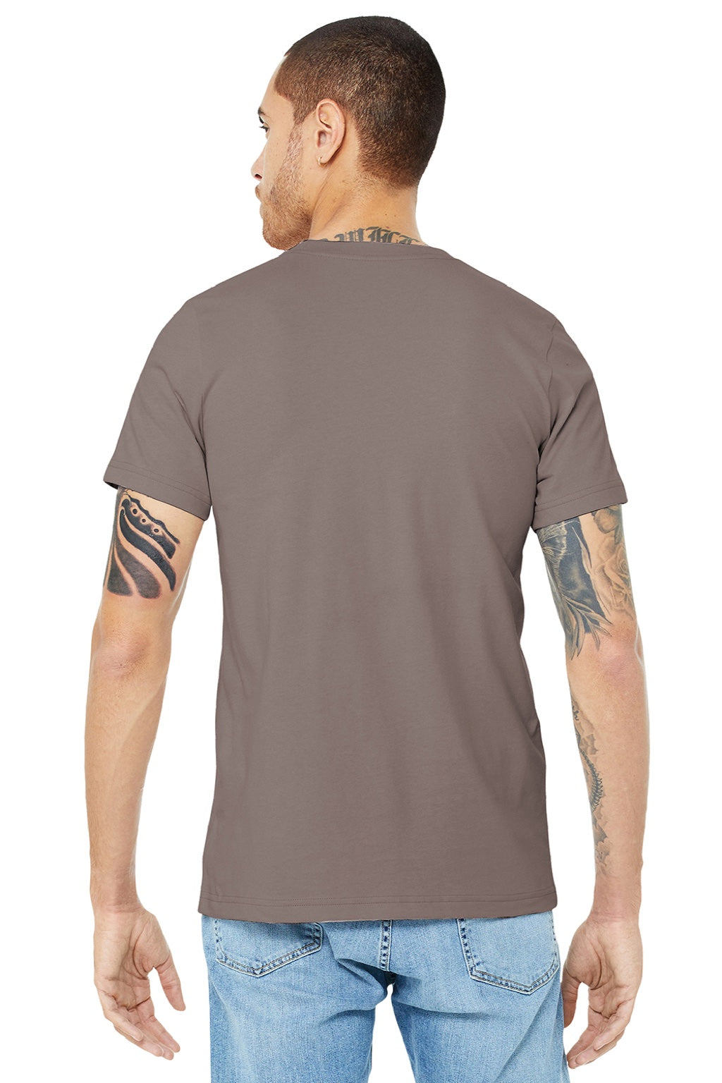 Bella + Canvas BC3001/3001 Mens Jersey Short Sleeve Crewneck T-Shirt Pebble Brown Model Back