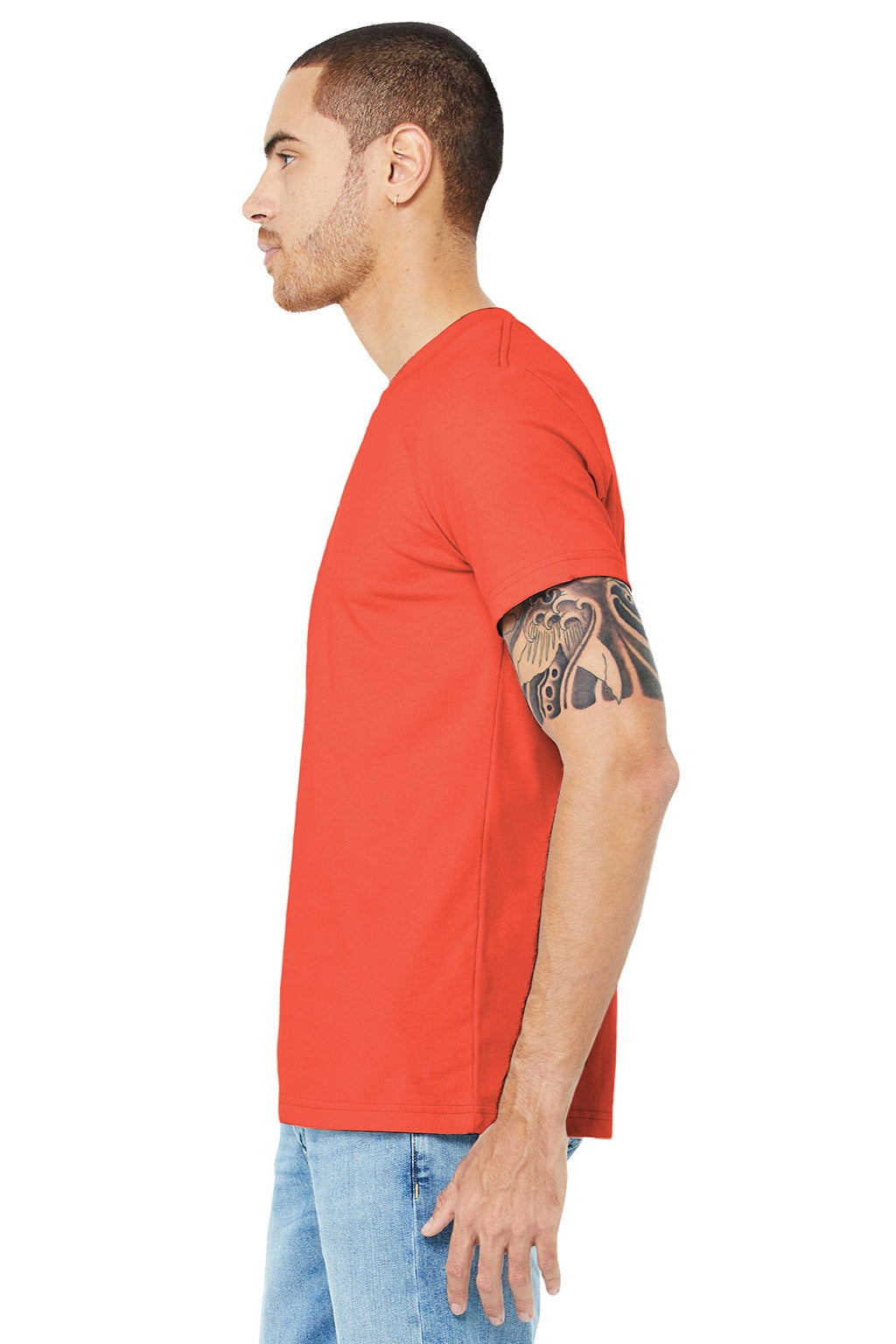 Bella + Canvas BC3001/3001 Mens Jersey Short Sleeve Crewneck T-Shirt Poppy Orange Model Side